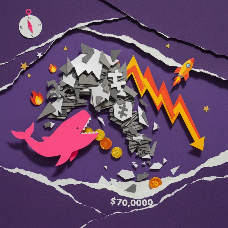 알트코인 대항복을 상징하는 무너지는 종이 산과 고래 매집을 표현한 페이퍼컷 콜라주 일러스트
