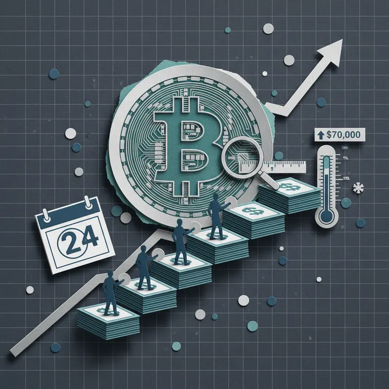 비트코인 적립식 투자 DCA 전략을 표현한 페이퍼컷 콜라주 일러스트레이션 - 계단식 상승 그래프와 비트코인 코인