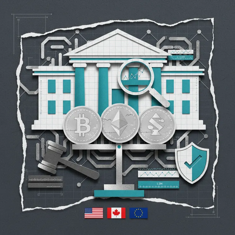 SEC CFTC 암호화폐 규제 공동 해석 발표를 상징하는 정부 건물과 암호화폐 저울 일러스트레이션