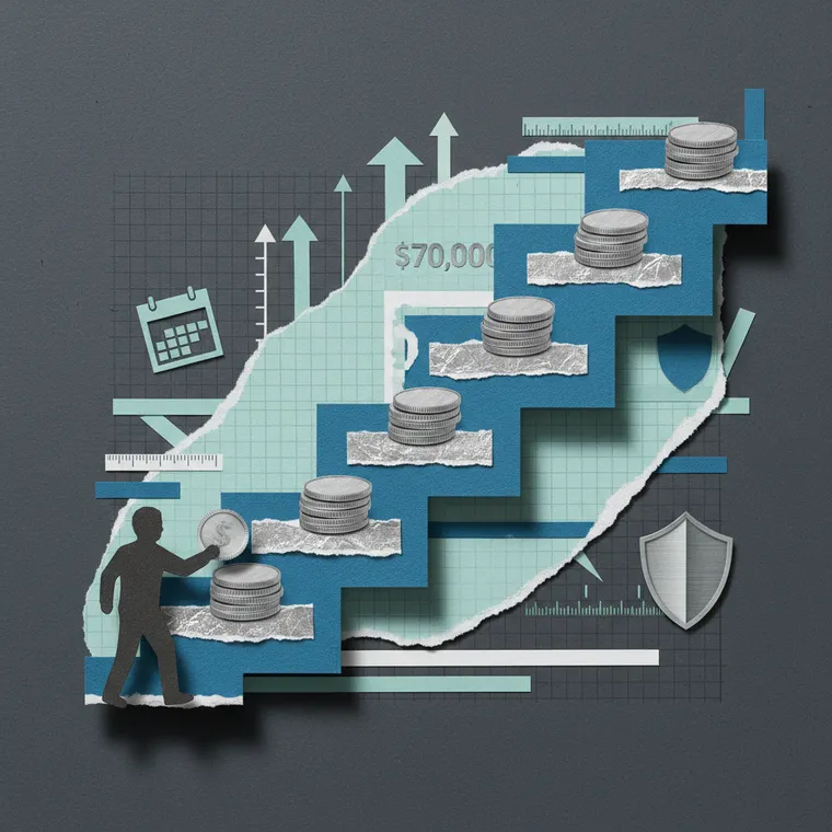 크립토 적립식 투자 DCA 전략을 상징하는 계단형 코인 적립 일러스트레이션