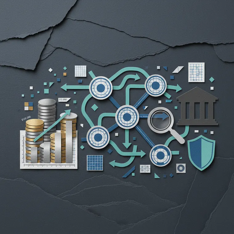 DeFi 생태계 프로토콜 네트워크와 TVL 성장을 표현한 페이퍼컷 콜라주 일러스트레이션