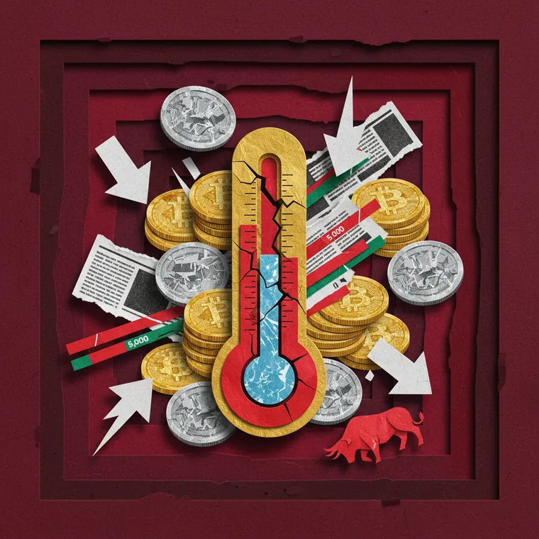 공포탐욕지수 극단적 공포 구간을 나타내는 암호화폐 시장 페이퍼컷 콜라주 일러스트레이션