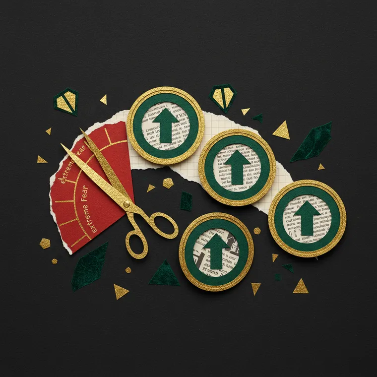 극단적 공포장에서 매수할 추천 암호화폐 TOP 4를 상징하는 골드와 에메랄드 톤의 페이퍼컷 콜라주 일러스트레이션