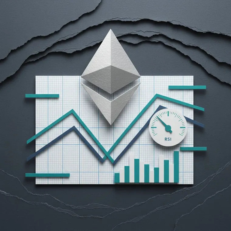 이더리움 ETH 기술적 분석 2026년 주간 RSI 사이클 저점 데스 크로스 차트 페이퍼컷 콜라주 일러스트레이션