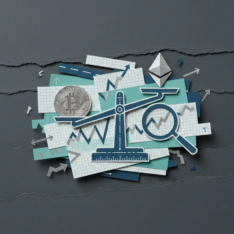 비트코인과 이더리움 2026 완벽 비교 분석 저울 페이퍼컷 콜라주 일러스트레이션