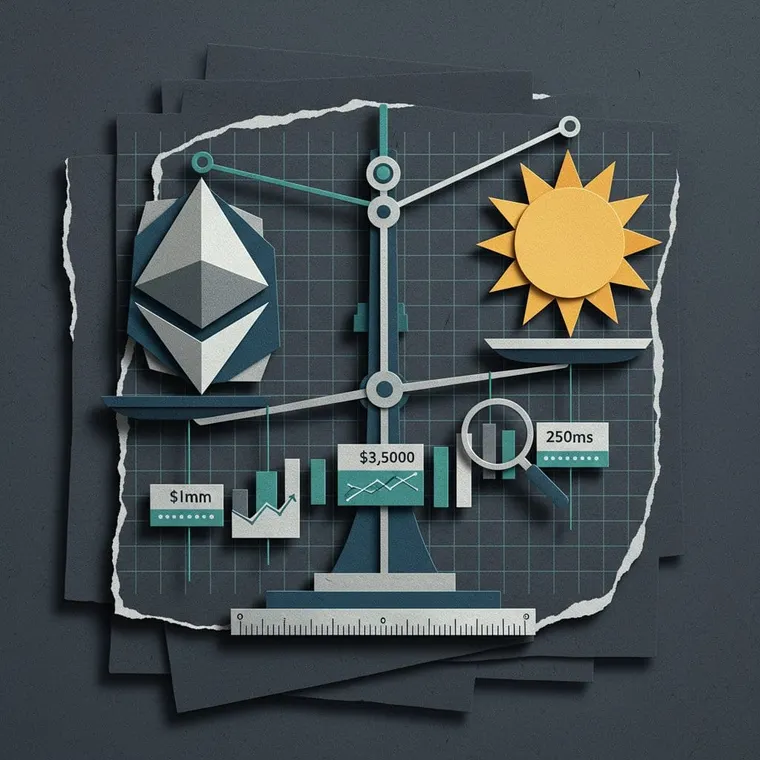 솔라나(SOL)와 이더리움(ETH) 2026년 블록체인 속도 수수료 TVL 비교 페이퍼컷 콜라주 일러스트레이션