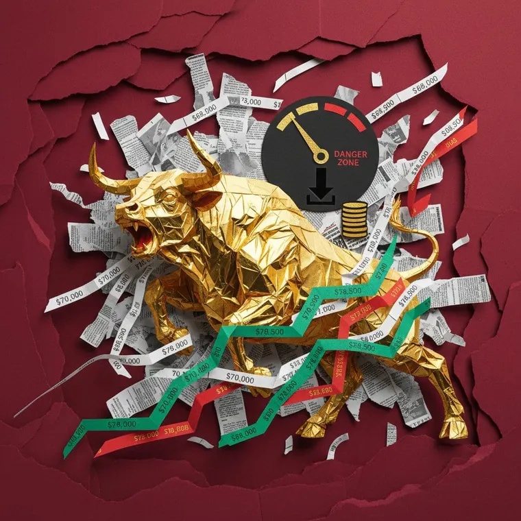 2026년 4월 21일 암호화폐 시장 공포지수 29 브리핑 황소 뉴스프린트 페이퍼컷 콜라주 일러스트레이션