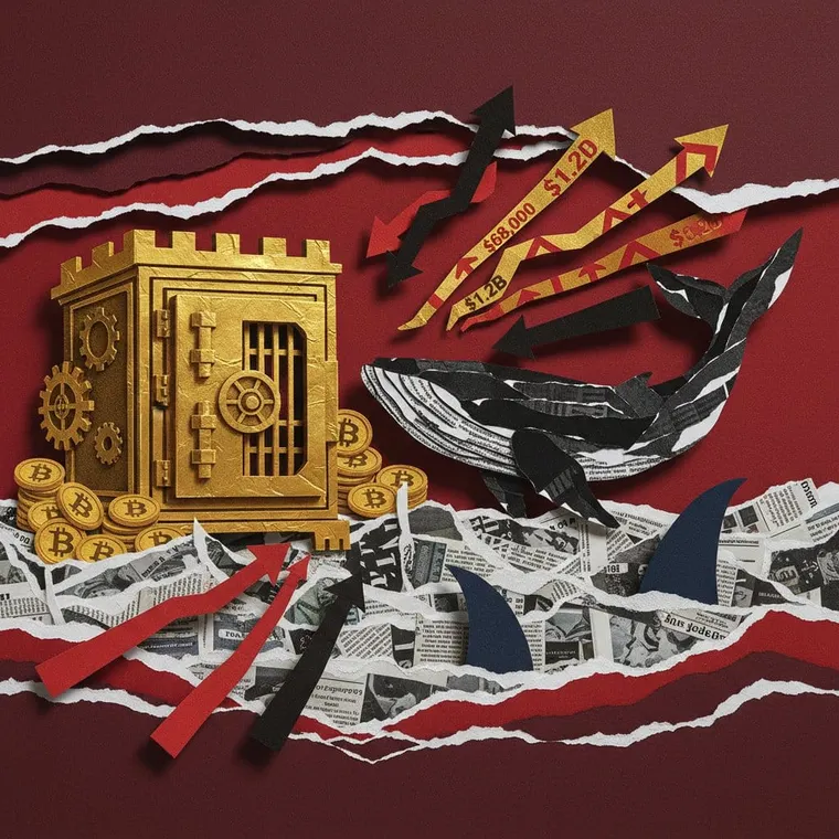 2026년 4월 23일 암호화폐 시장 브리핑 기관 매수세 대 고래 매도세 공포탐욕지수 32 충돌 페이퍼컷 콜라주 일러스트레이션