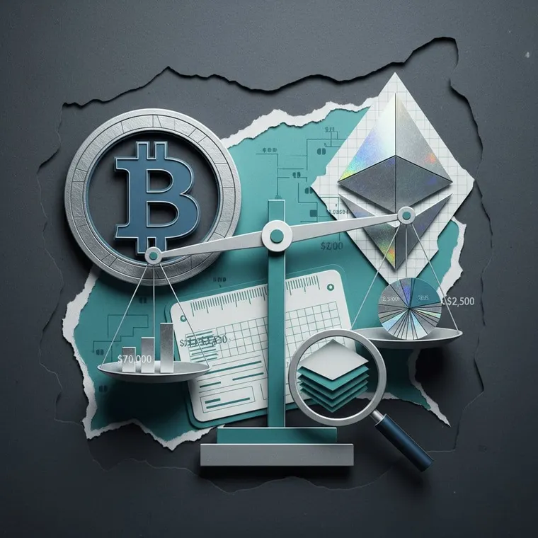 비트코인과 이더리움 2026년 완벽 비교 분석 균형 저울 페이퍼컷 콜라주 일러스트레이션