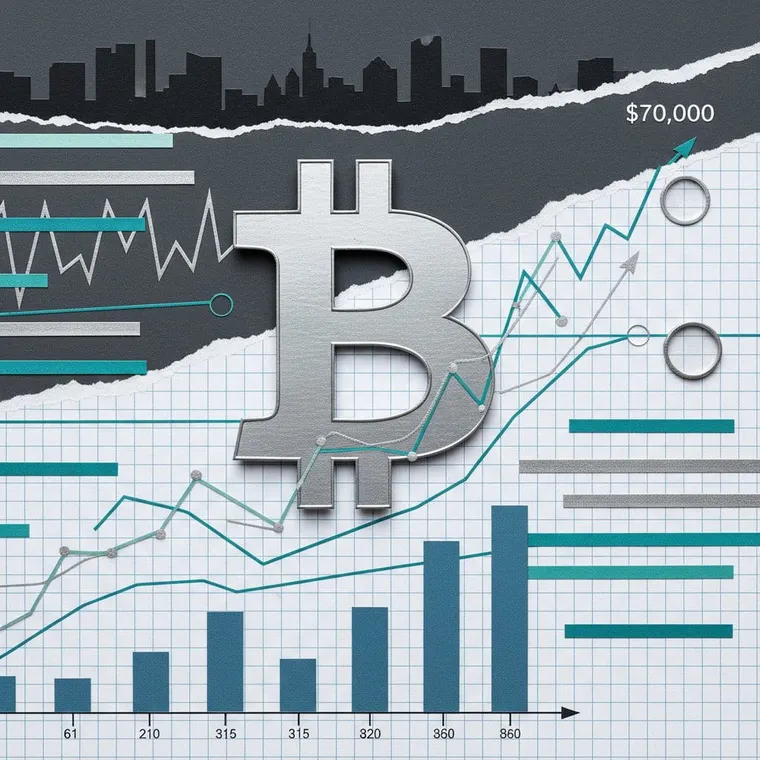 비트코인 BTC 가격 기술적 분석 차트 컨퍼런스 2026 페이퍼컷 콜라주 일러스트레이션