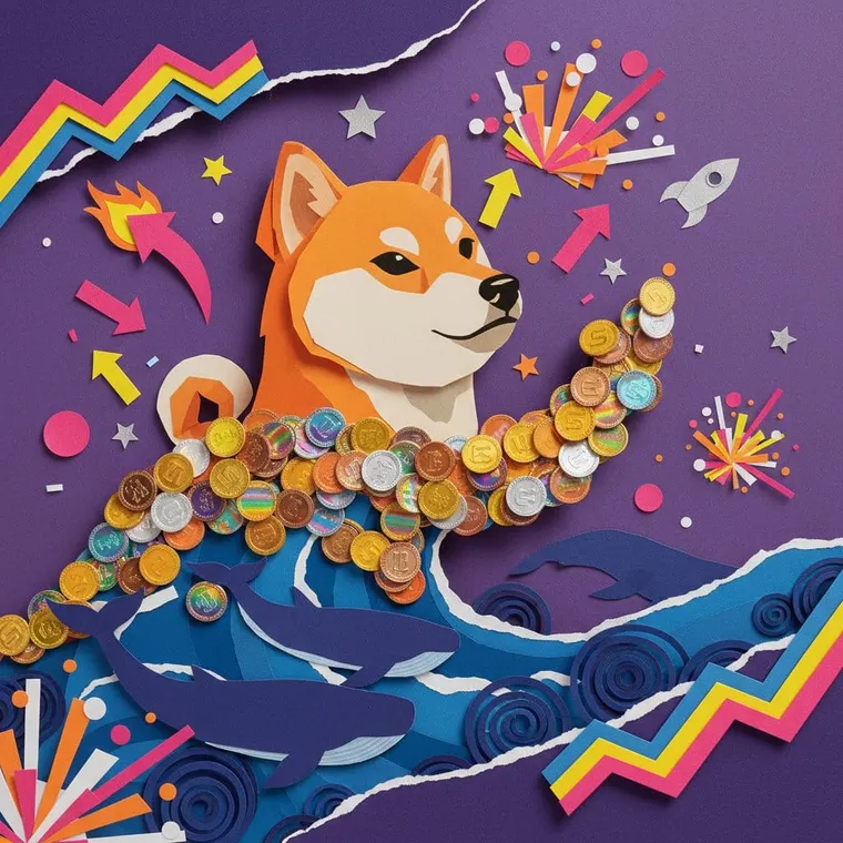 도지코인 DOGE 고래 역대 최고 매집 1085억 개 20% 상승 목표 트렌딩 페이퍼컷 콜라주 일러스트레이션