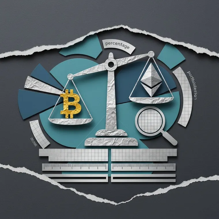 암호화폐 포트폴리오 자산 배분 BTC ETH 코어-새털라이트 전략 2026년 페이퍼컷 콜라주 일러스트레이션