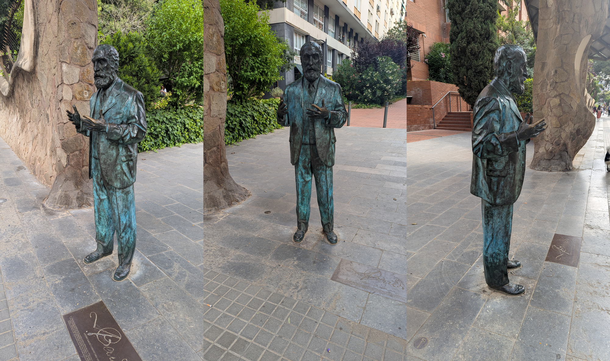 A statue of Antoni Gaudi from three angles