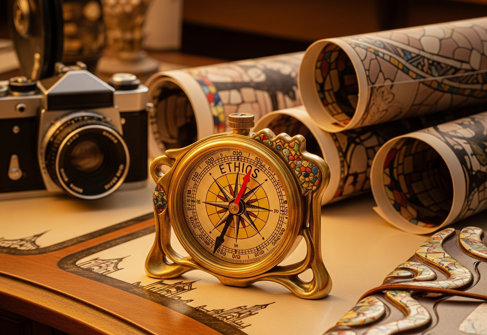 AI-Generated image of an ethical compass with the word ethics where North would be.  Cameras, maps, and journalis are also on the desk in the style of Antoni Gaudí. (Generated with Imagen 4)