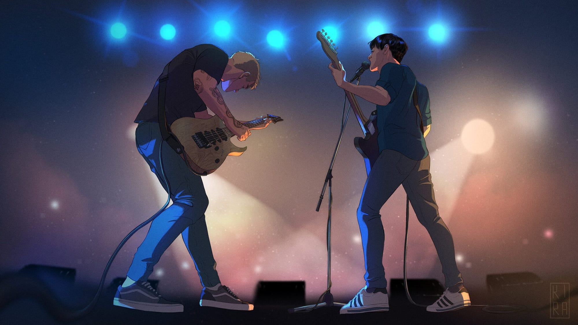 Denver and Daniel are playing guitar on stage. 