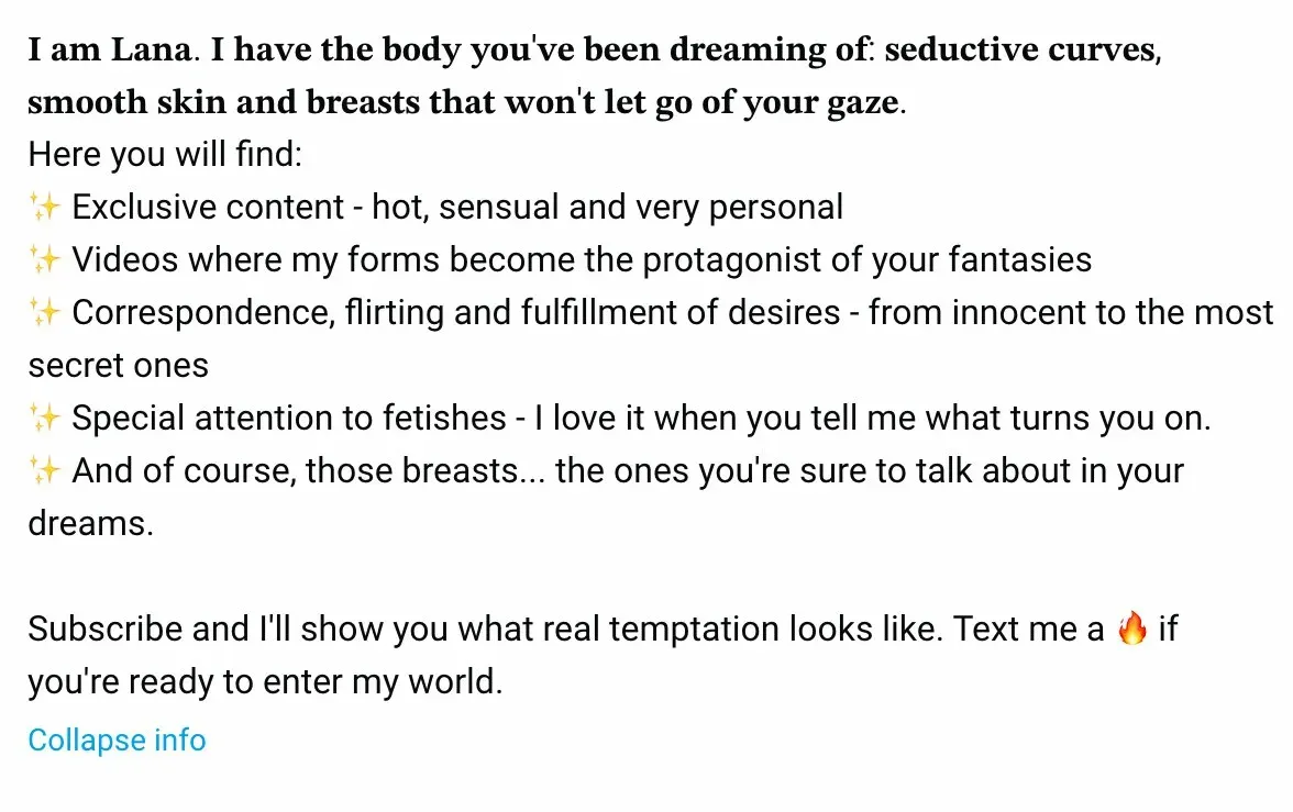 OnlyFans bio example - fantasy and sensual niche creator bio that converts subscribers