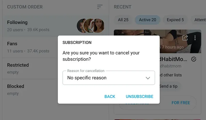 OnlyFans cancel subscription screen - how to unsubscribe from OnlyFans step by step