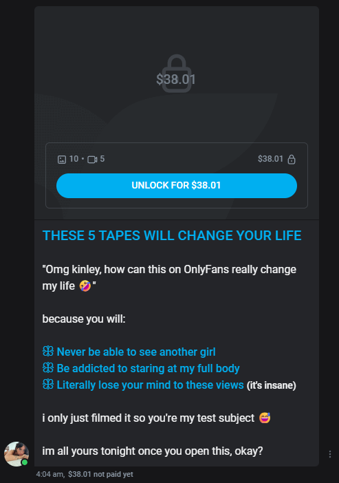 OnlyFans PPV message example - $38 locked content with high converting caption exclusivity and bullet points