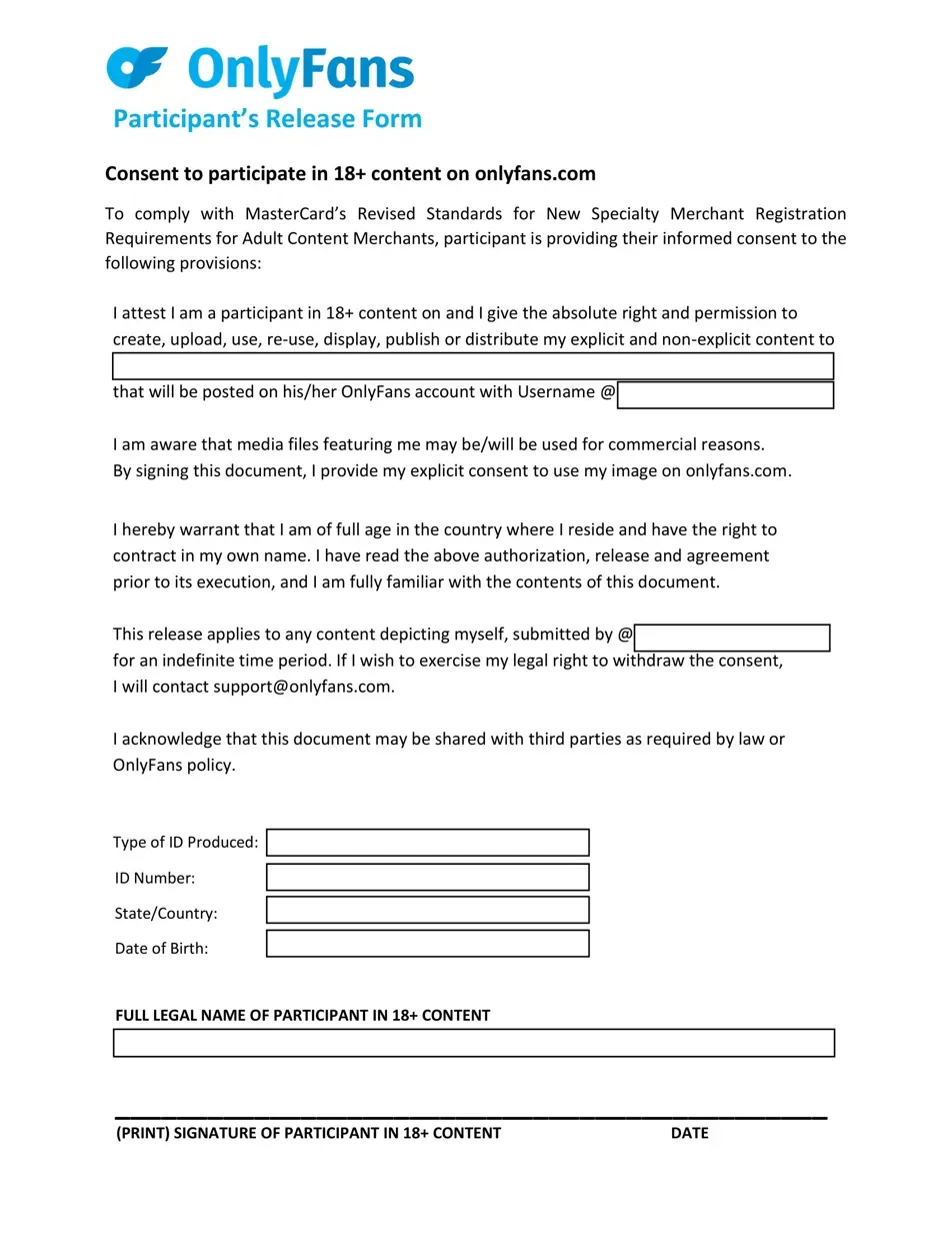 OnlyFans Participant Release Form PDF