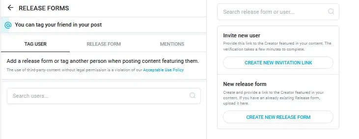 OnlyFans Release Forms page with Invite new user and New release form options