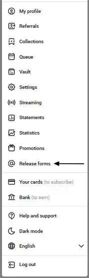 OnlyFans left sidebar showing Release forms tab