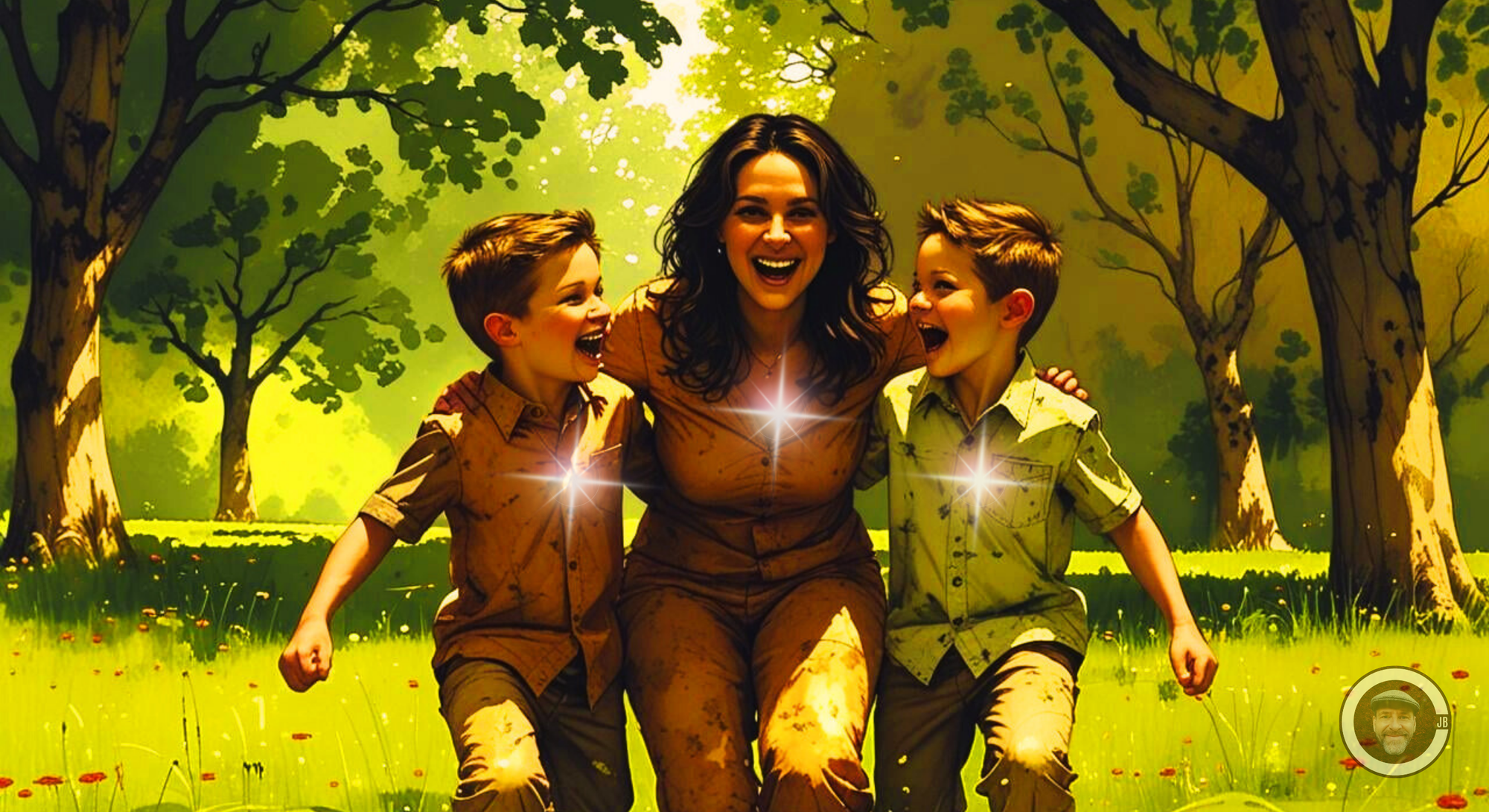 mother laughing with 2 sons