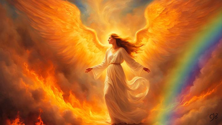 female angel in clouds with fire around and a rainbow