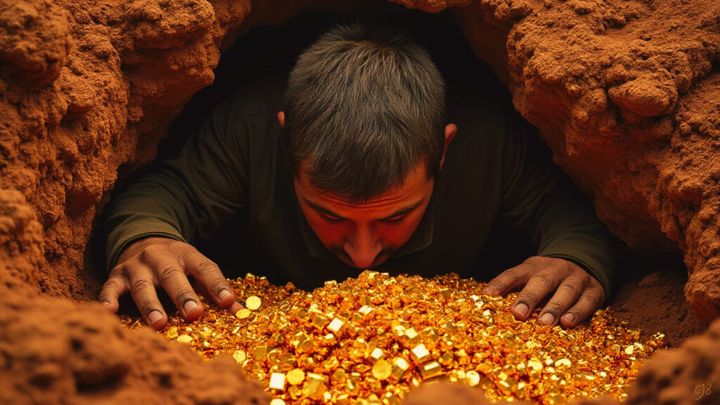 man face down in glowing gold nuggets surrounded by earth