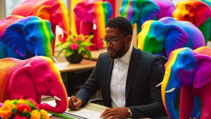 image of an african man sitting in an office surrounded by rainbow colored elephants