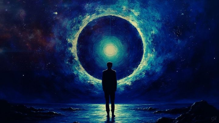 man standing facing forward looking at a circle of light with space around