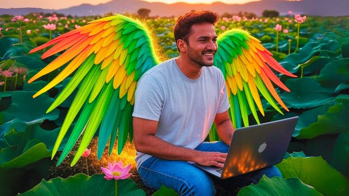 man with laptop smiling in field with angel rainbow wings