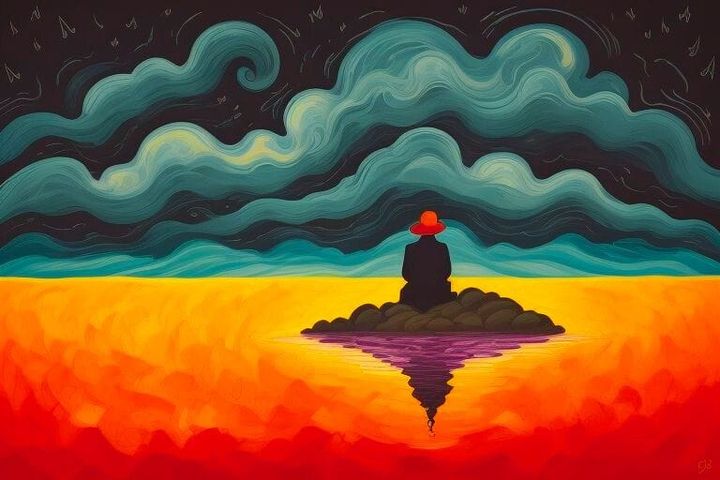 cjb artwork person sitting on an island on orange ground or water and facing away to dark clouds