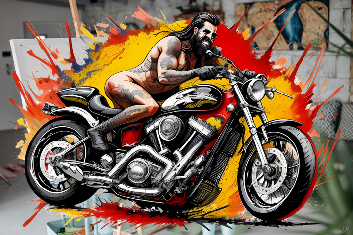 cjb artwork of man on motorcycle and paint all around