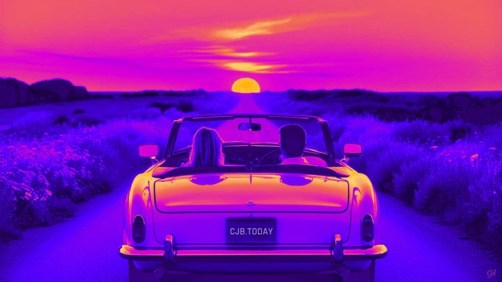 COUPLE DRIVING A CONVERTIBLE CAR TOWARDS A SUN SET ON THE COUNTRY ROAD