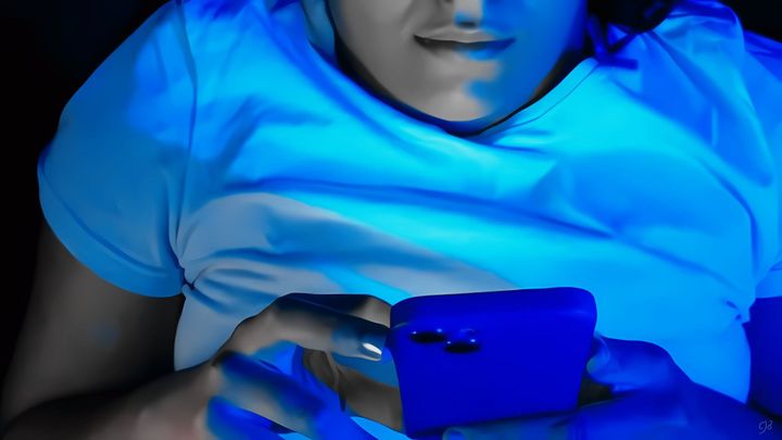 digital art of teen girl looking at phone in the dark in bed