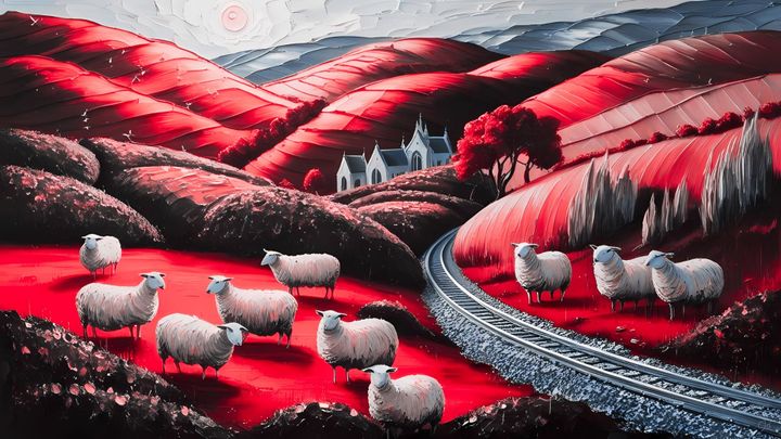 cjb artwork of red welsh hills and lambs