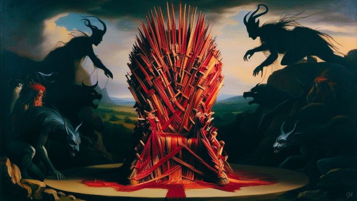 CJB artwork of a throne made out of threads and mythical creatures around it