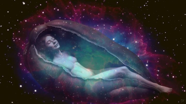 CJB ORIGINAL ARTWORK OF A WOMAN IN SPACE IN A COCOON ANGELIC AND PEACEFUL