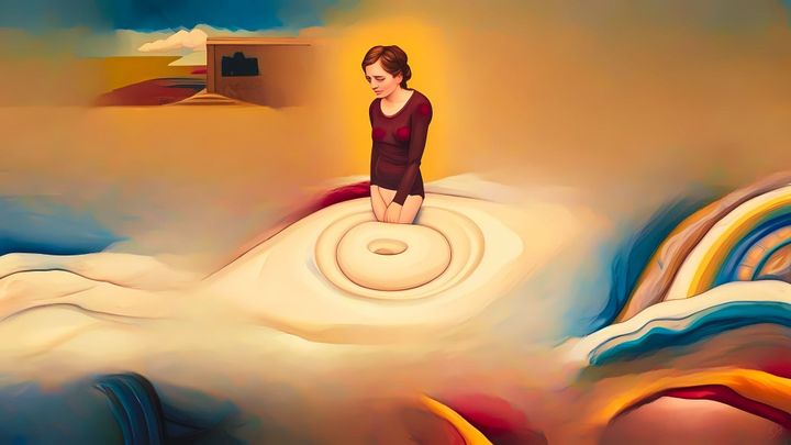 original artwork by cjb of woman standing alone in a surreal scene of swirling colors