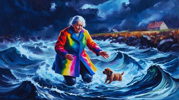 older woman rescuing a dog from a stormy river, cottage behind