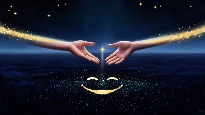 two hands reaching out through the sky - cjb digital artwork