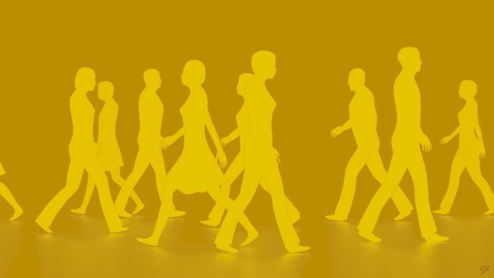 silhouettes of people walking busily like bees all in yellow color
