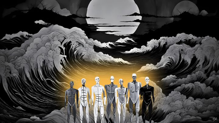 cjb artwork of 7 jap pows standing ghostlike on a wild ocean