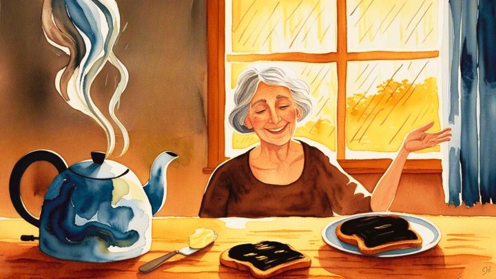 old lady smiling in her kitche