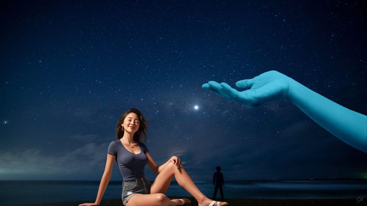 happy young woman sitting on a warm beach at night under stars