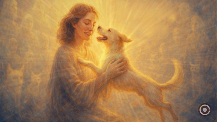 an angel holding her old pet in love light