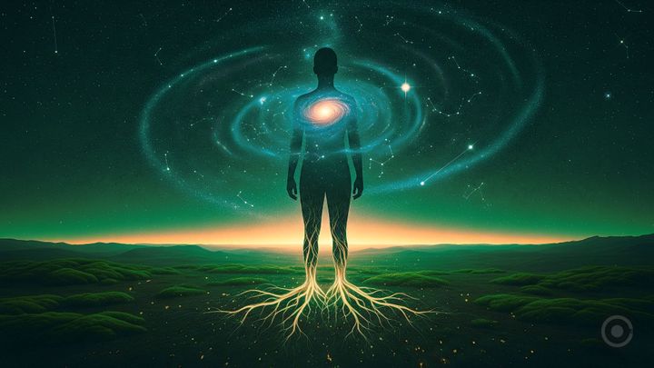 man standing with feet as roots and heaven around