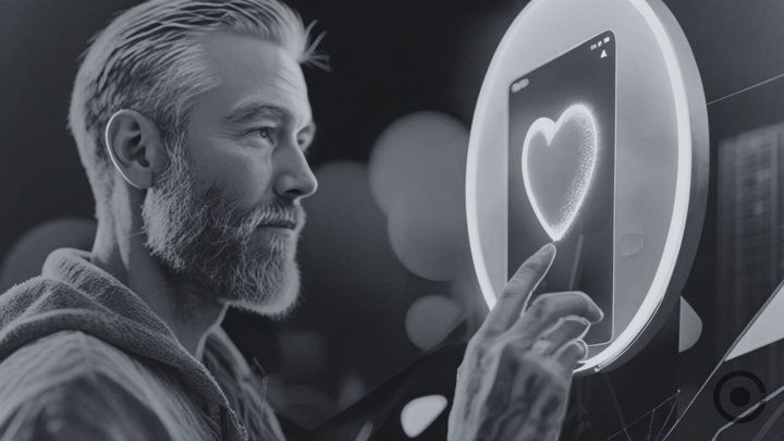 man touching a screen with a heart on it