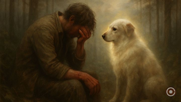 man with his dog in dark woods dog glows