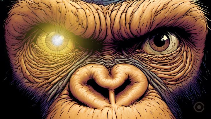 A MONKEY FACE CLOSEUP WITH AN EYE SPARKLING